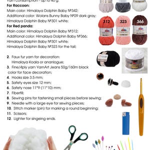 May include: A collection of craft supplies for amigurumi projects, including various yarn colors, safety eyes, hooks, scissors, and fiberfill. The image also features a list of required materials for specific animal patterns.