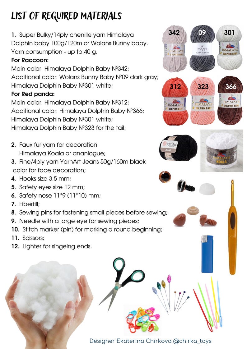 May include: A collection of craft supplies for amigurumi projects, including various yarn colors, safety eyes, hooks, scissors, and fiberfill. The image also features a list of required materials for specific animal patterns.