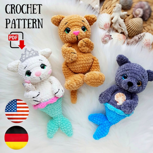 Gehaakt Kat Zeemeermin patroon - Amigurumi Pluche Mercat patroon – Purrmaid Zeemeermin kat – Mythisch zeemeermin patroon