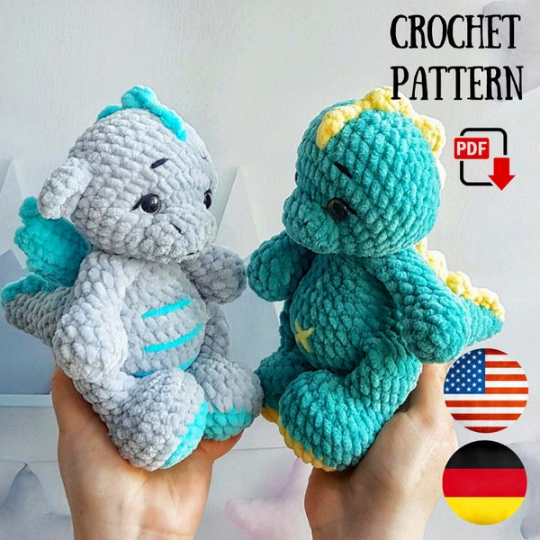 Häkelanleitung Drache amigurumi PDF Anleitung englisch - Plüsch Anleitung 2 in 1 Dragon Dino - Plüsch Drachen Anleitung - Dinosaurier Häkelanleitung