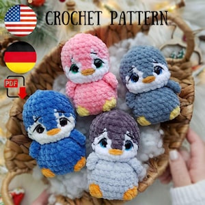 May include: A collection of five crocheted penguin toys in a wicker basket. The penguins are in various colours including pink, blue, and grey, with white and yellow details. The image includes the text "CROCHET PATTERN".