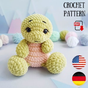 May include: Crochet pattern for a green and pink amigurumi turtle. The pattern is available as a PDF download. The image also includes the text "CROCHET PATTERN" and a download icon.