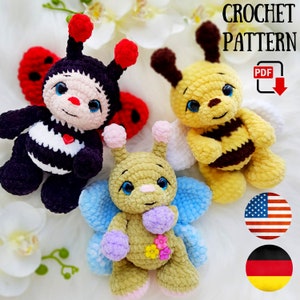 Crochet pattern Insects amigurumi PDF tutorial - Plush pattern 3 in 1 Bee Ladybird Butterfly - Crochet Bee pattern ChirkaToys