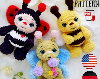 Crochet pattern Insects amigurumi PDF tutorial - Plush pattern 3 in 1 Bee Ladybird Butterfly - Crochet Bee pattern ChirkaToys