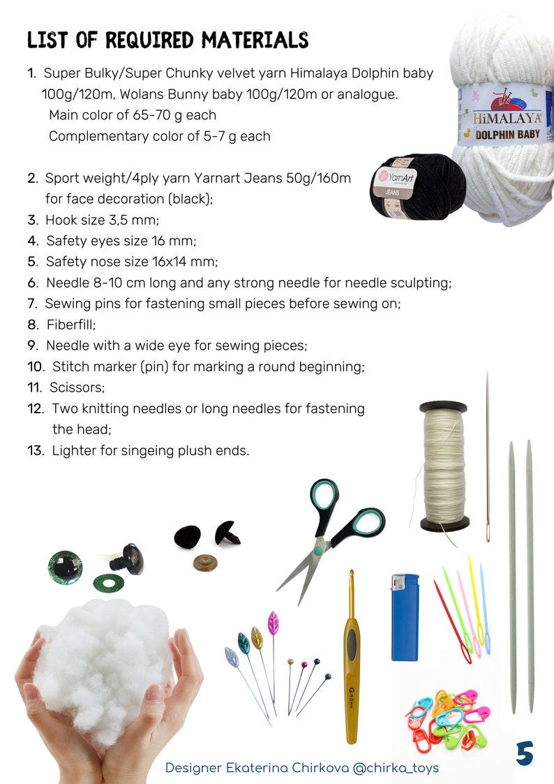 May include: Image showing craft supplies: white and black yarn, safety eyes, a crochet hook, scissors, needles, and other items. The text "LIST OF REQUIRED MATERIALS" is at the top. Measurements are in grams and millimeters.