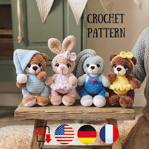 Gehaakt patroon berenkonijn - Amigurumi-patroon berenkonijn – Beer en konijn in pyjama
