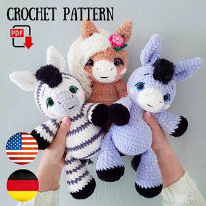 May include: Crochet pattern PDF for three amigurumi animal toys: a zebra, a donkey, and a horse. The zebra is black and white striped, the donkey is light blue, and the horse is brown with a white mane. The toys are all holding hands.