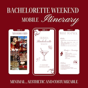 Op de afbeelding: Een bordeauxrode afbeelding met de tekst "BACHELORETTE WEEKEND MOBILE Itinerary". Drie mock-up telefoonschermen tonen een moodboard, reisdetails en een paklijst. Het ontwerp bevat een martiniglas en speelkaartsymbolen. De tekst hieronder luidt "MINIMAL, AESTHETIC AND COSTUMIZABLE."
