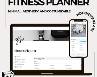 Plantilla de planificador de fitness de Notion: seguimiento de entrenamiento y plan de comidas, descarga digital