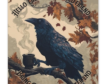 Raven Wall Art, Raven holding coffee mug, Dark Academia Decor, Gothic Raven, Funny Coffee Lover Gift, Halloween fall decor, library decor