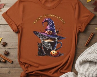 Wicked Without Coffee T-Shirt: Halloween Witch Cat Tee