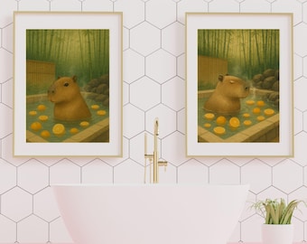 Capybara Onsen Art Prints: Japanese Bathroom Decor (Set of 2, Digital Download