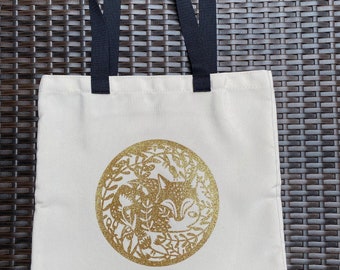Woodland Fox Tote Bag, fox glitter tote bag, fox tote bag, fox bag, gold glitter vinyl design, fox in enchanted forest, fox in the woods