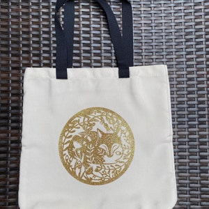 Woodland Fox Tote Bag, fox glitter tote bag, fox tote bag, fox bag, gold glitter vinyl design, fox in enchanted forest, fox in the woods