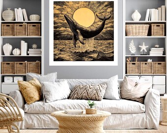 Vintage Nautical Wall Art: Whale at Sunrise - High Res Digital Download - 4 ratios