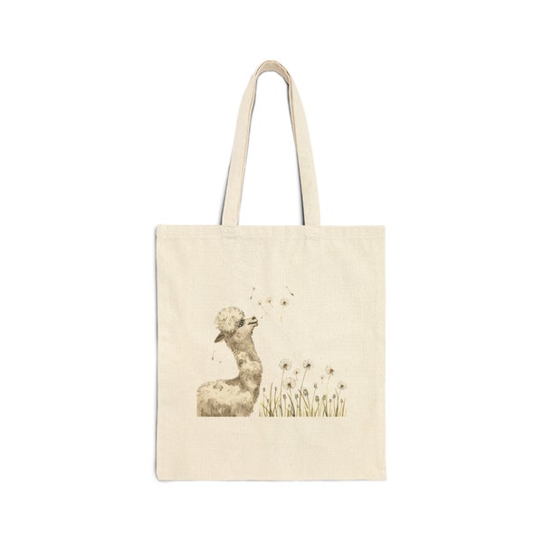 Llama with Dandelions in a meadow tote bag minimalist nature inspired design canvas cotton tote