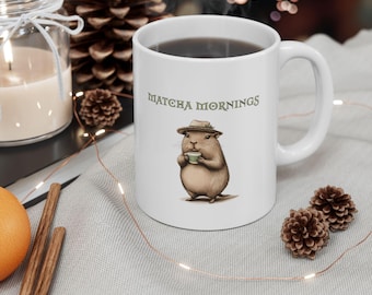 Matcha Mornings Capybara Ceramic Mug, Green Tea Lover Gift