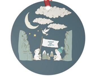 Polar Bear Christmas Ornament: Peace on Earth, Double-Sided Metal