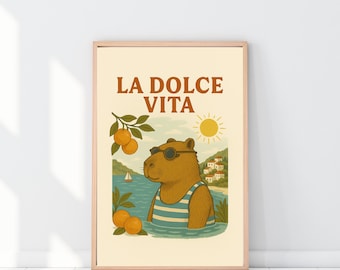 La Dolce Vita Capybara Poster: Mediterranean Summer Beach House Art