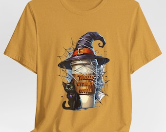 Wicked Without Coffee T-Shirt: Halloween Cat & Pumpkin Design