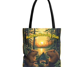 Capybara Matcha Morning Club Tote Bag: Funny Camping Illustration