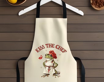Kiss the Chef Apron - Fun Cooking Gift for Him/Her, Chef Humor, Frog lovers apron, Gift for Foodies, Frog Prince, chefs kiss, frog pun gift