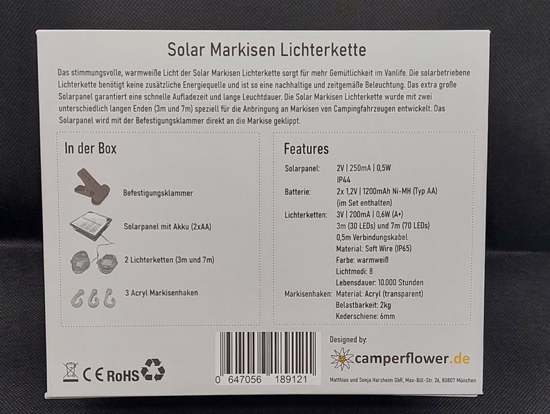 Camperflower Solar Markisen Lichterkette für Camper, Camping, Wohnmobil und Wohnwagen, Outdoor 10m Länge zdjęcie 7