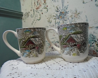 Pair of Johnson Brothers "The Friendly Village" The Covered Bridge Pattern Mugs