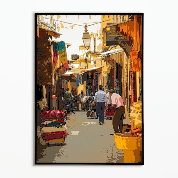 Old Medina Fez Art Print, Morocco Wall Art, Bazaar Wall Mural, Fez City Art Print | Boho Digital Art Print | Oriental Bohemian Print