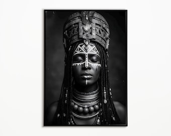 African Queen Portrait, Black and White  Wall Art, Ethnic Home Decor, (Digital Download)