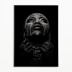 African Tribal Face Paint Portrait, Dramatic Wall Art Printable, Black White Photography Digital Download