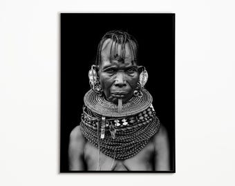 African Woman Printable | Traditional Scarification Beads Portrait Print | Black White Art | Digital Download