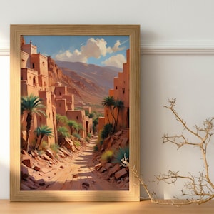 Pintura a óleo de paisagem da vila marroquina Amazigh para impressão, decoração de arte de parede marroquina, impressão boho berbere, download instantâneo