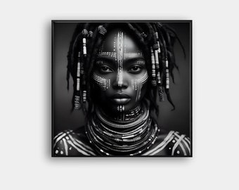 African Woman Portrait Print: Tribal Decor, Black and White (Digital Download)