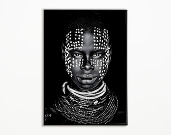 African Tribal Face Paint Art Print: Black & White Portrait (Digital Download)
