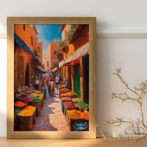 Vintage Oil Painting of an Old Moroccan Market, Moroccan Wall Art, Amazigh Wall Mural, Boho Digital Art Print | Oriental Bohemian Print