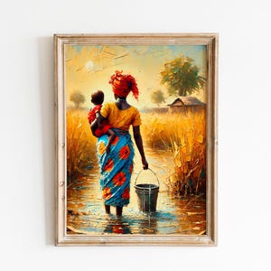 African Mother and Child in African Village, Water Scene Art, Vintage Oil Painting, Digital Print, Instant Download