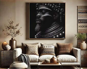 Printable African Warrior, Bold Black and White Tribal Poster, Square Digital Decor