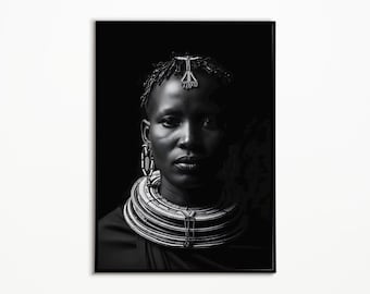 Printable African Woman Portrait: Black and White Art, Ethnic Home Decor (Digital Download)