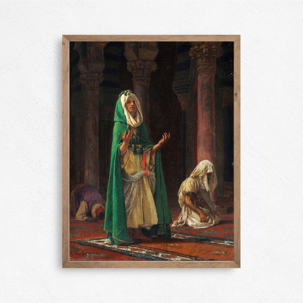 Prayer in the Mosque Islamic Painting, Vintage Arabic Wall Art, Antique Oriental Arabic Oil Painting, Islamic Wall Art Digital Print