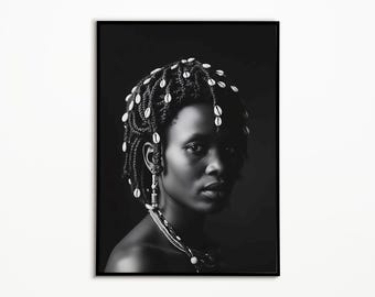 African Woman Portrait, Black and White Wall Art, Ethnic Home Decor, Digital Download