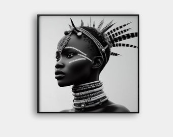 Schwarz weisse Afrikanerin Portrait: Stammes-Wandkunst (Digitaldruck)
