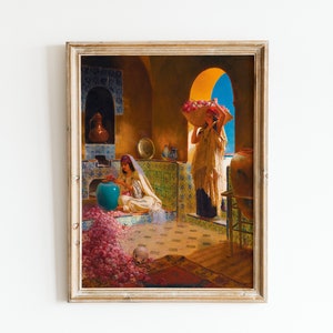 Arabic Woman Rose Picking Oil Painting | Arabian Harem Wall Art | Eclectic Art Print Downloadable Digital PRINTABLE