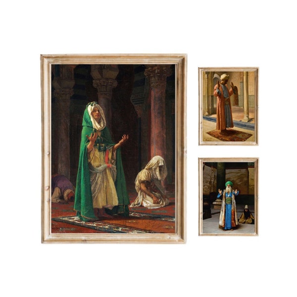 Set of 3 Islamic Painting in The Mosque / Vintage Arabic Wall Art / Antique Oriental Arabic Oil Painting / Islamic Wall Art Digital Print