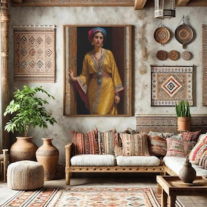 Könnte beinhalten: Ein Wohnzimmer im Boho-Stil mit einem großen gerahmten Gemälde einer Frau in einem gelben Kleid und einem blauen Kopftuch, einem Holzsofa mit gemusterten Kissen, einem gewebten Teppich und Topfpflanzen.