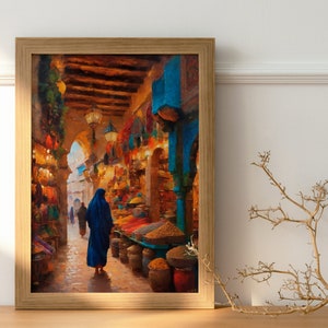 Pintura al óleo del antiguo mercado del zoco marroquí imprimible, arte de la pared marroquí, mural de pared amazigh, arte digital boho, impresión boho oriental
