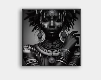 Printable African Woman  Black Art, African Wall Art, Portrait Lady Square Art Print Digital Art, Digital Wall Art, Black and White Art
