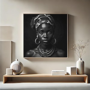 African Woman Tribal Portrait, Black and White Lady Art Print, Printable Digital Decor
