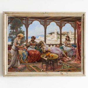 印刷可能なアラビアのハーレムの女性の油絵、アラビアの東洋の壁アート装飾、モロッコの壁アート、ダウンロード可能なデジタルプリント