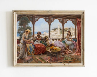 May include: A painting depicting four women in colorful clothing sitting on a balcony overlooking a city. The women are enjoying a leisurely afternoon, with one woman reclining on a cushion and another holding a cup. The balcony is decorated with intricate carvings and a view of a distant cityscape.